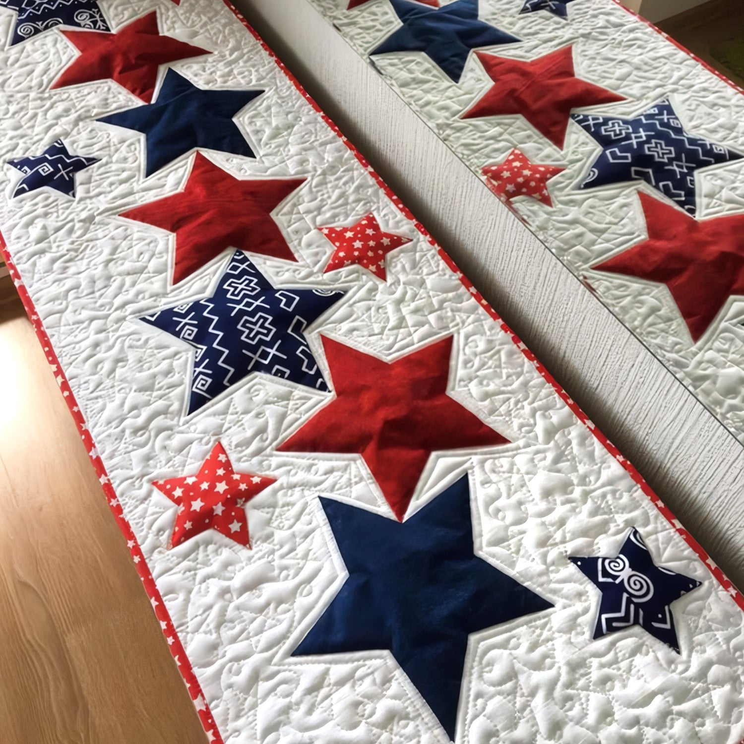 Red and Navy Stars on Cream Table Runner