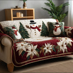 Snowmen Above Ivory Poinsettias Sofa Cover