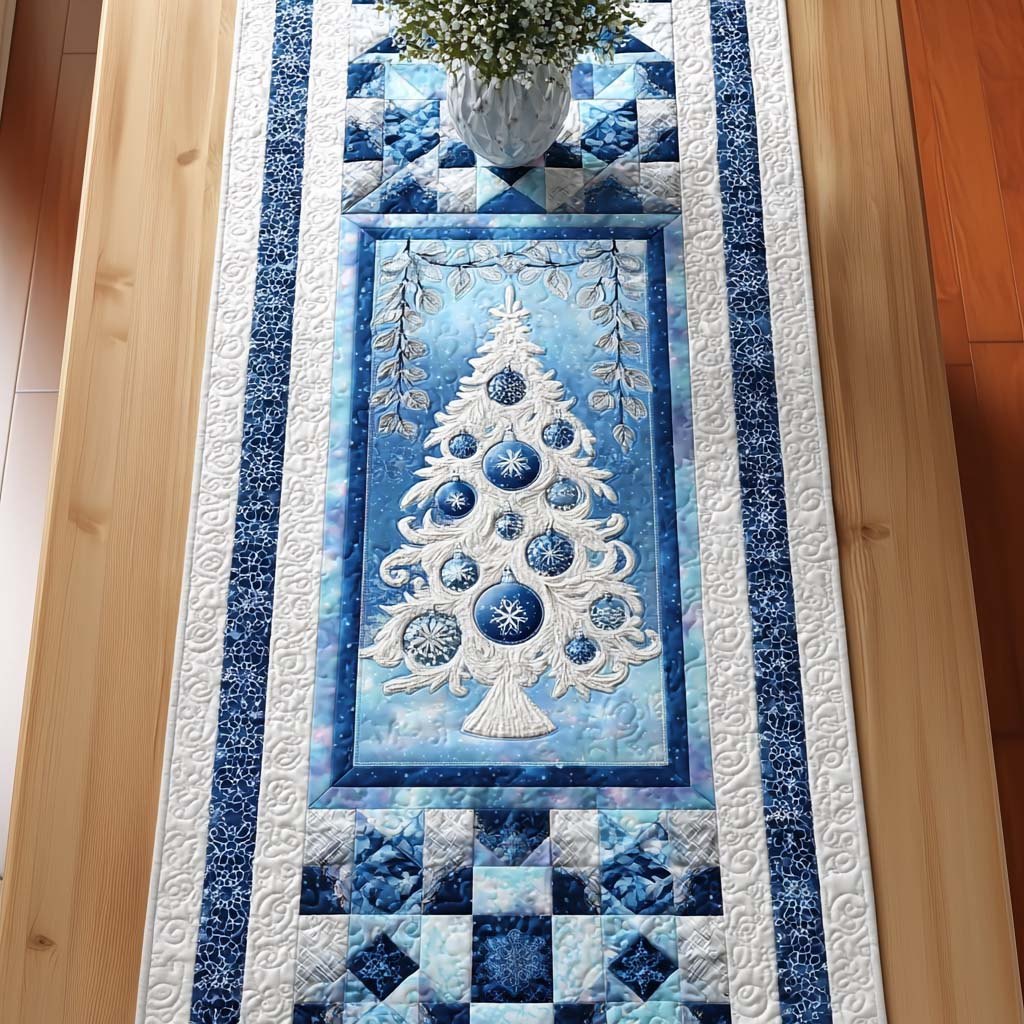 White Tree on Blue Checkered Panel Table Runner
