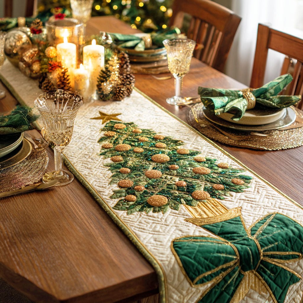 Green Tree with a Gold Bow Table Runner