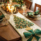 Green Tree with a Gold Bow Table Runner