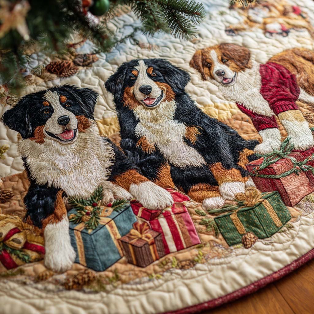 Bernese Pups with Presents Christmas Tree Skirt