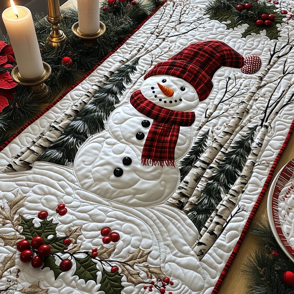 Snowman with a Plaid Scarf Table Runner