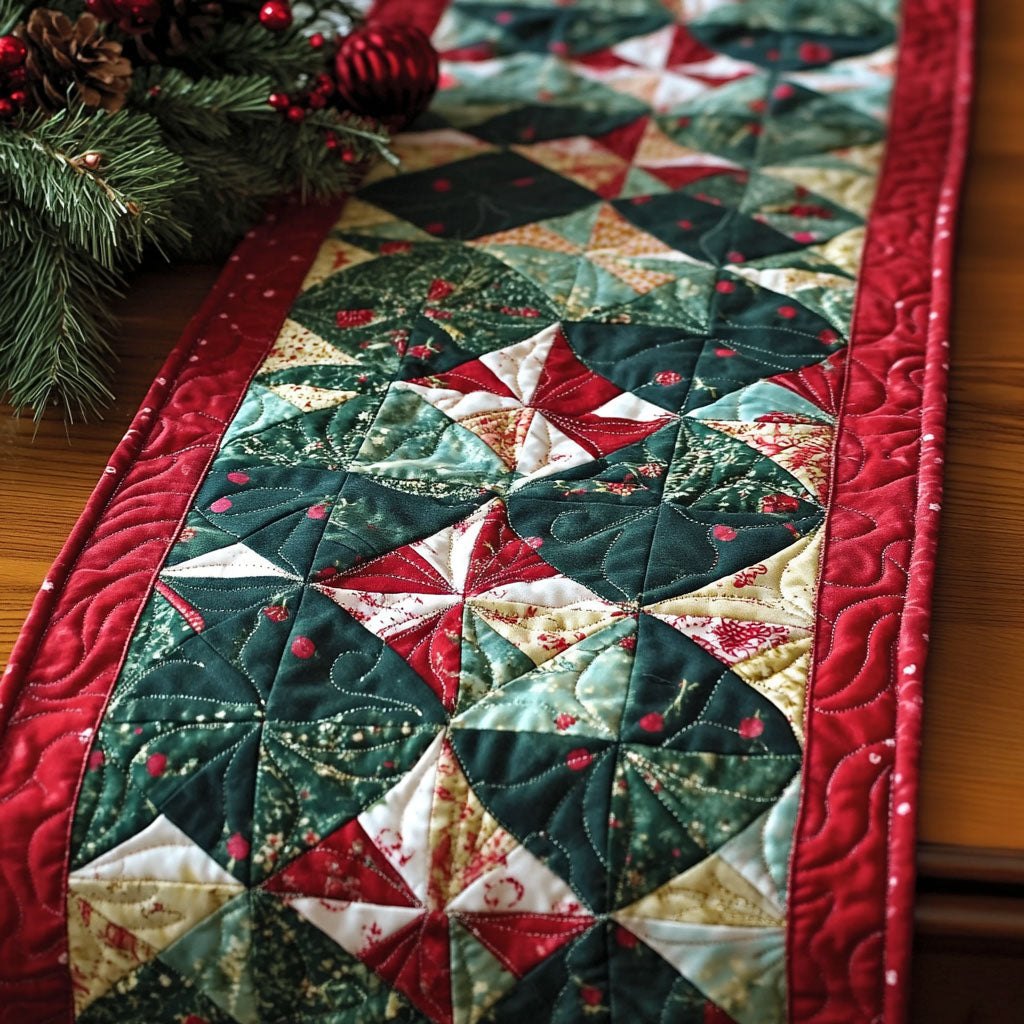 Green and Red Pinwheel Stars Table Runner