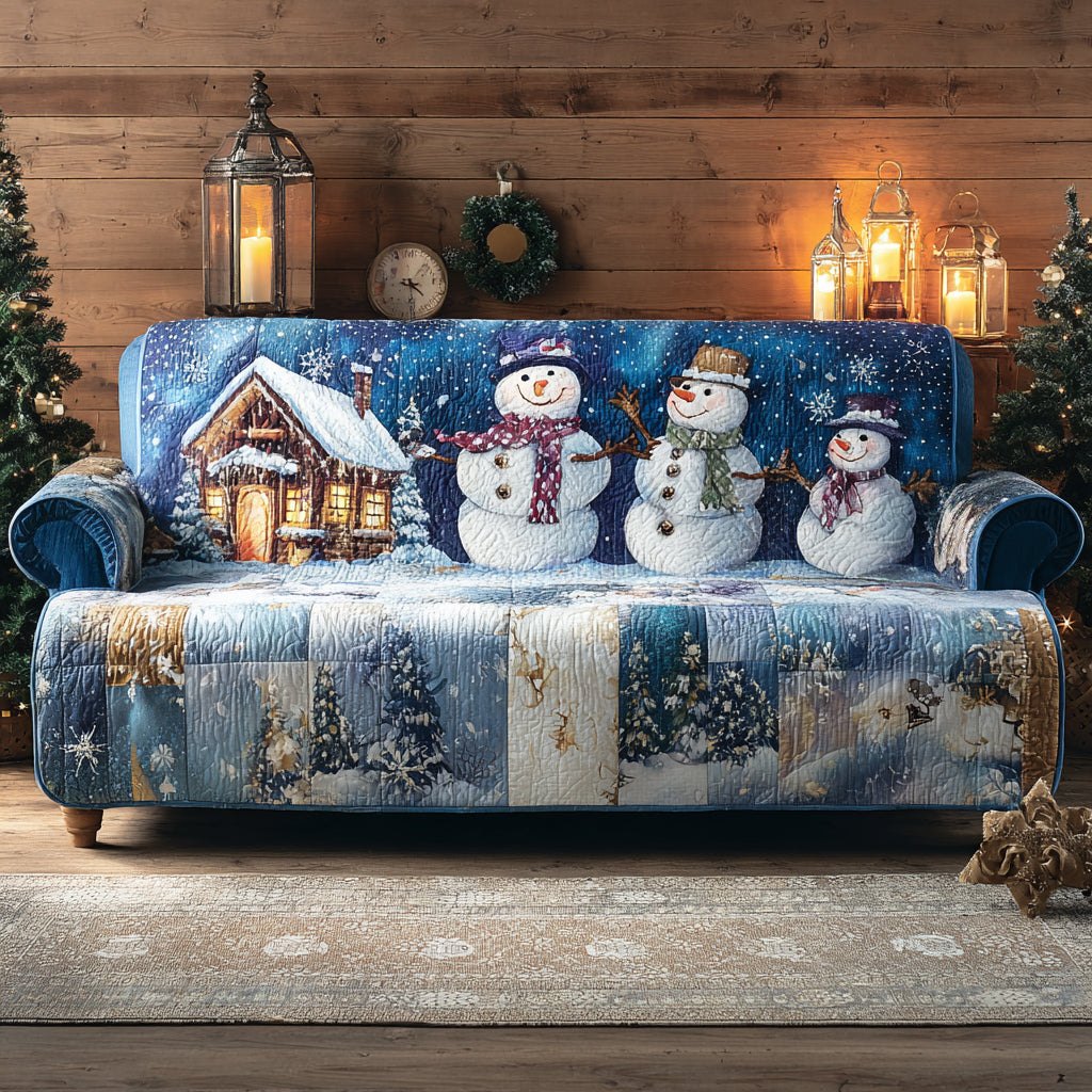 Snowmen Outside the Glowing Cabin Sofa Cover