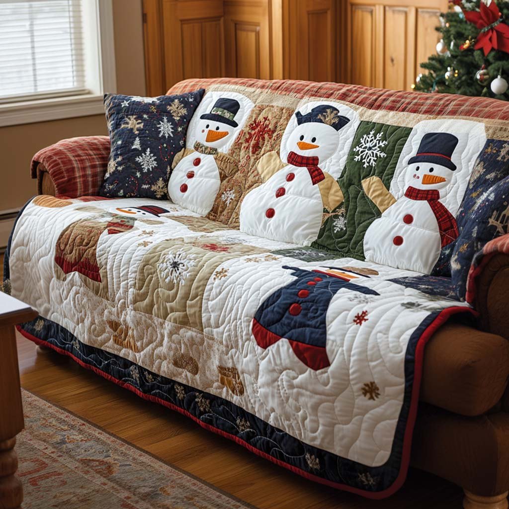 Snowmen and Cardinal on Cream Sofa Cover