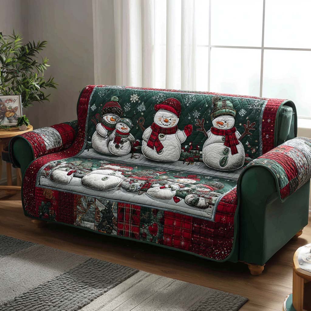 Snowman Family on Red and Green Sofa Cover