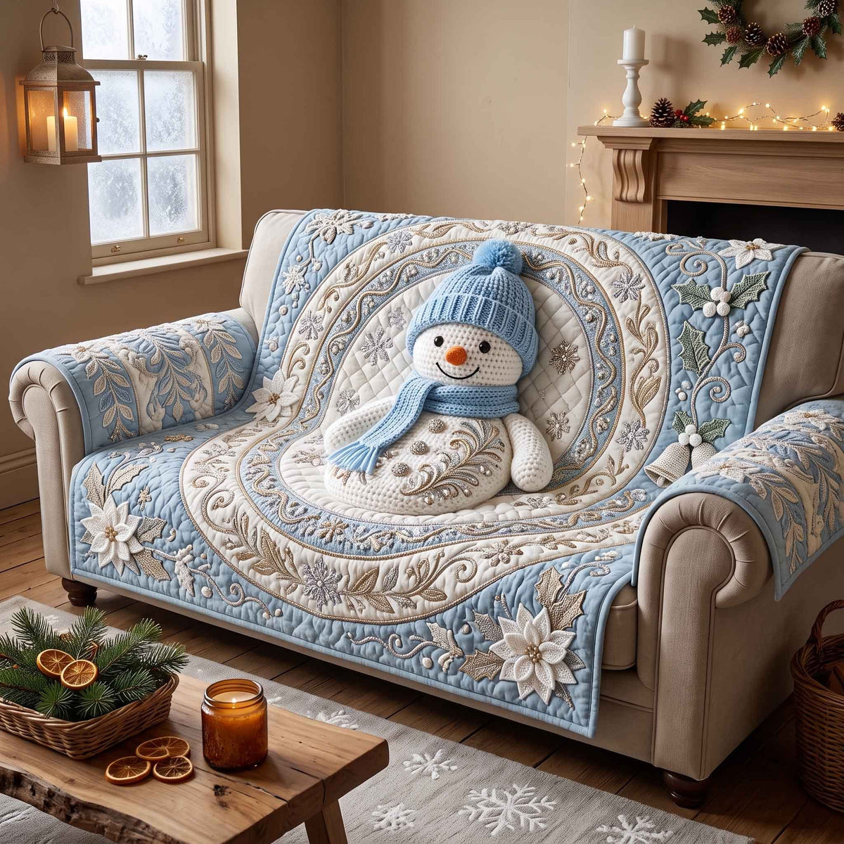 Blue Hat Snowman with Snowflakes Sofa Cover