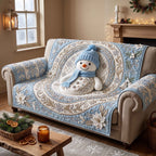 Blue Hat Snowman with Snowflakes Sofa Cover