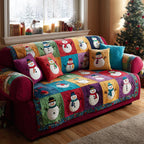 Snowmen in Bright Color Blocks Sofa Cover