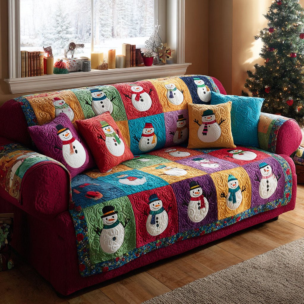 Snowmen in Bright Color Blocks Sofa Cover
