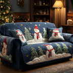 Snowmen and Trees on Navy Sofa Cover
