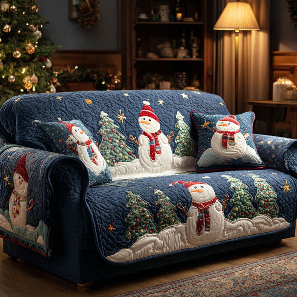 Snowmen and Trees on Navy Sofa Cover