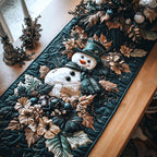 Snowman in a Top Hat with Teal Leaves Table Runner