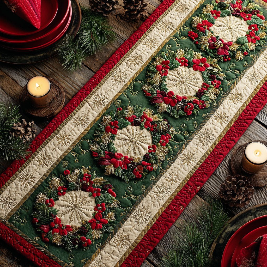Wreaths on Cream and Green Stripes Table Runner