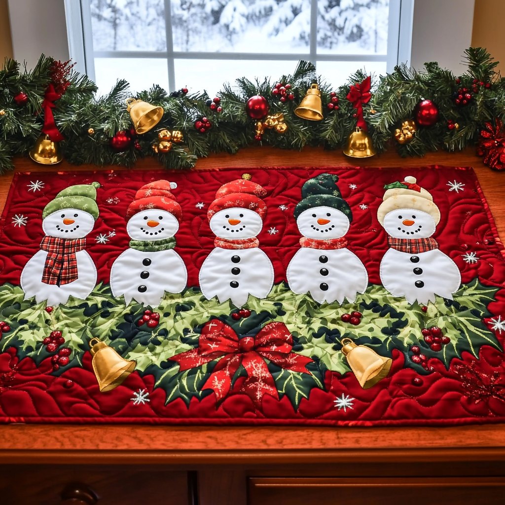 Snowmen with Bells on Red Table Runner