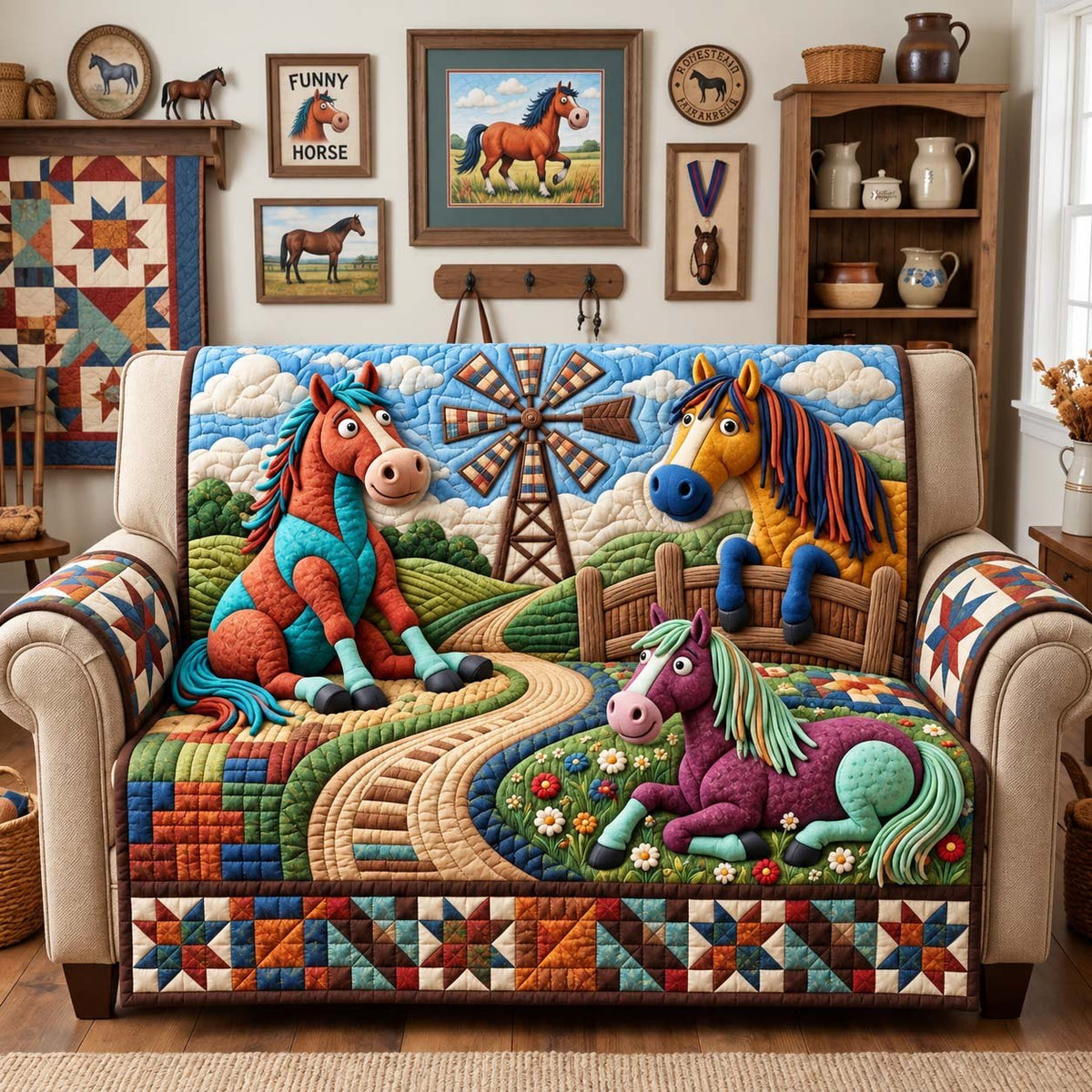 Funny Farm Horses Sofa Cover