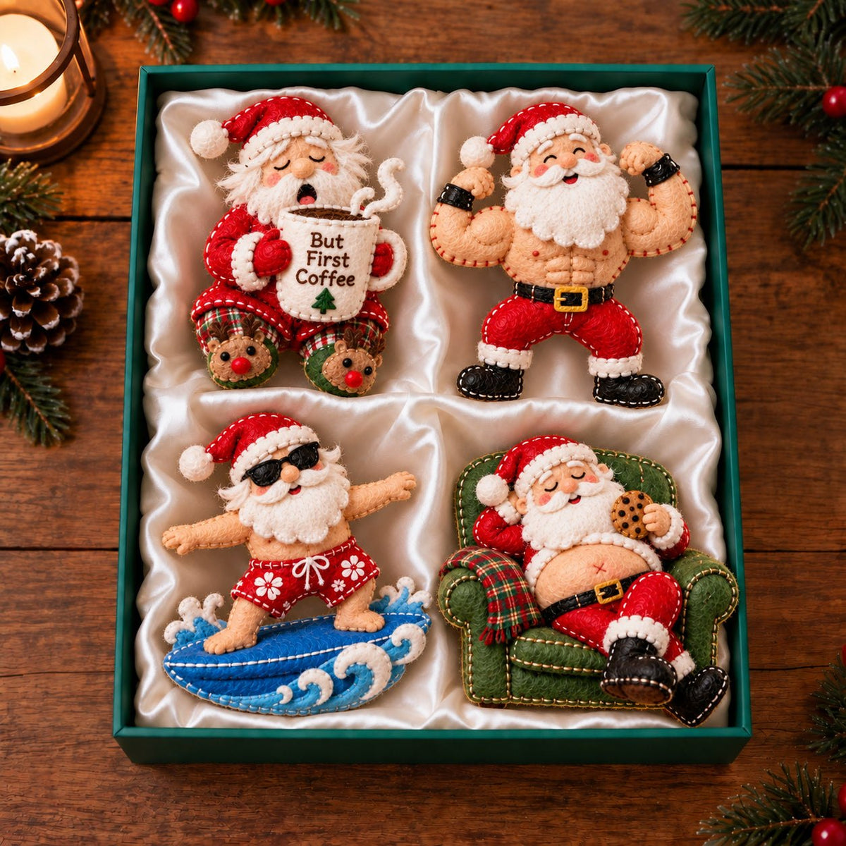 Coffee Surfing Funny Santa Ornament Gift Set