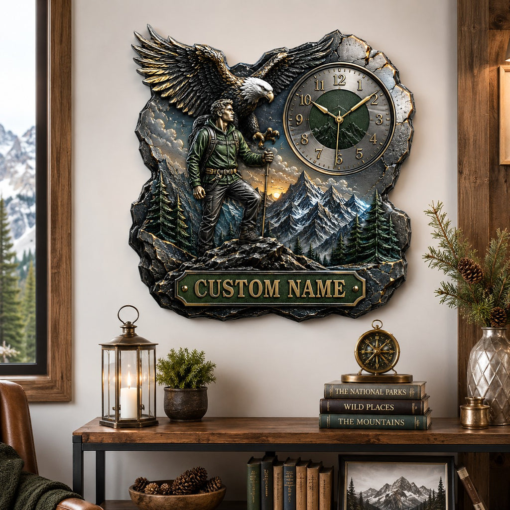 Eagle and hiker Custom Name Wall Clock — personalized with a custom name