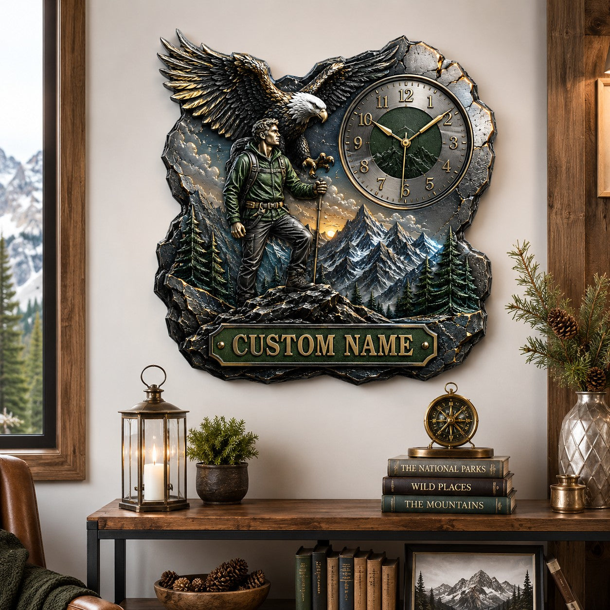 Eagle and hiker Custom Name Wall Clock — personalized with a custom name