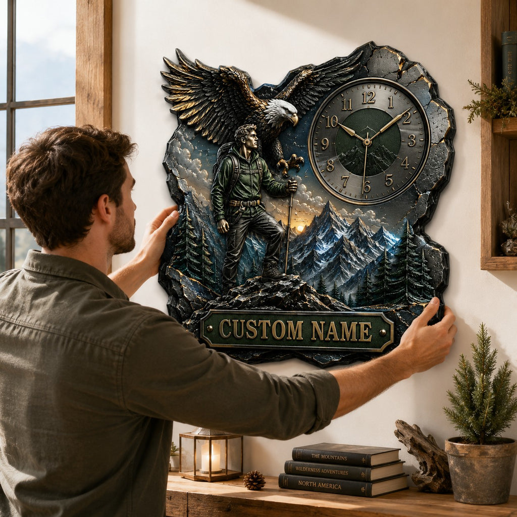 Eagle and hiker Custom Name Wall Clock — personalized with a custom name
