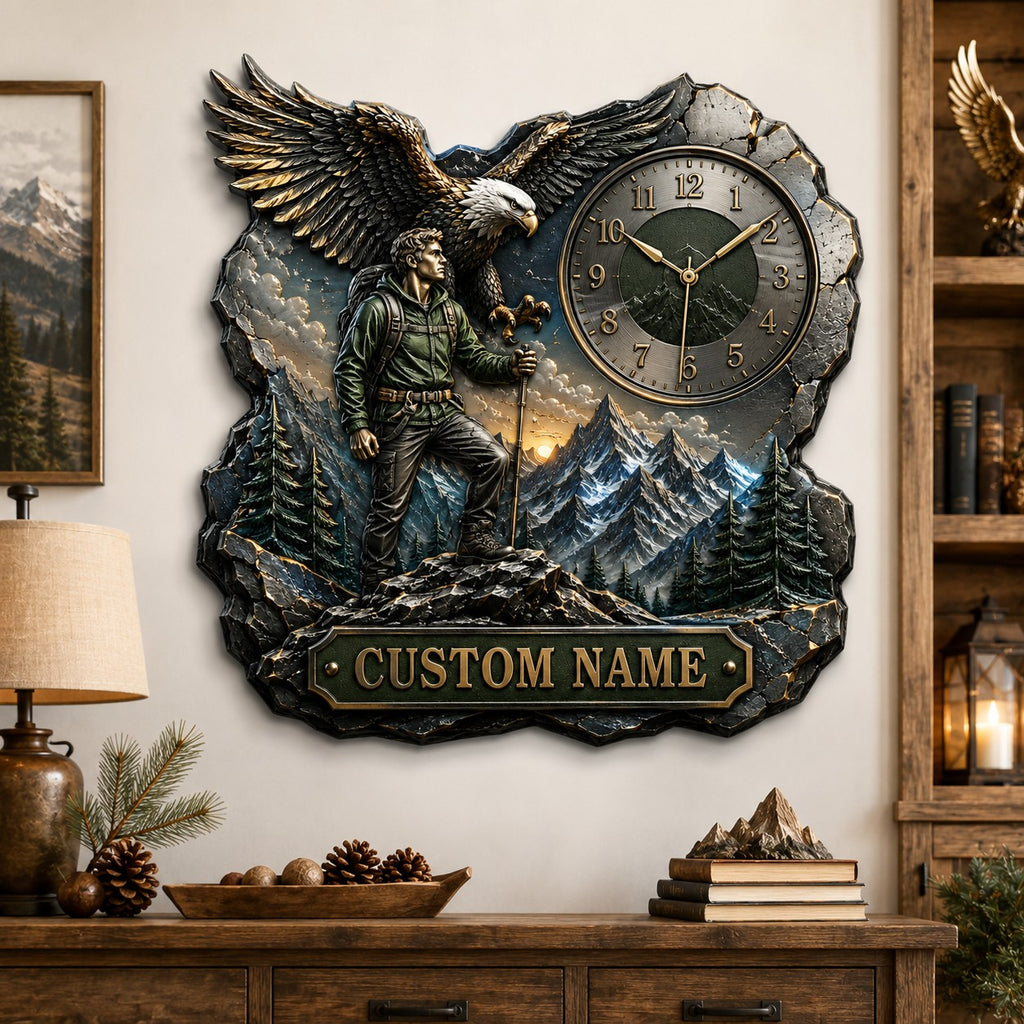 Eagle and hiker Custom Name Wall Clock — personalized with a custom name