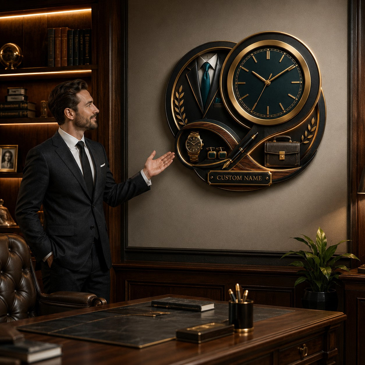Executive suit Custom Name Wall Clock — personalized with a custom name
