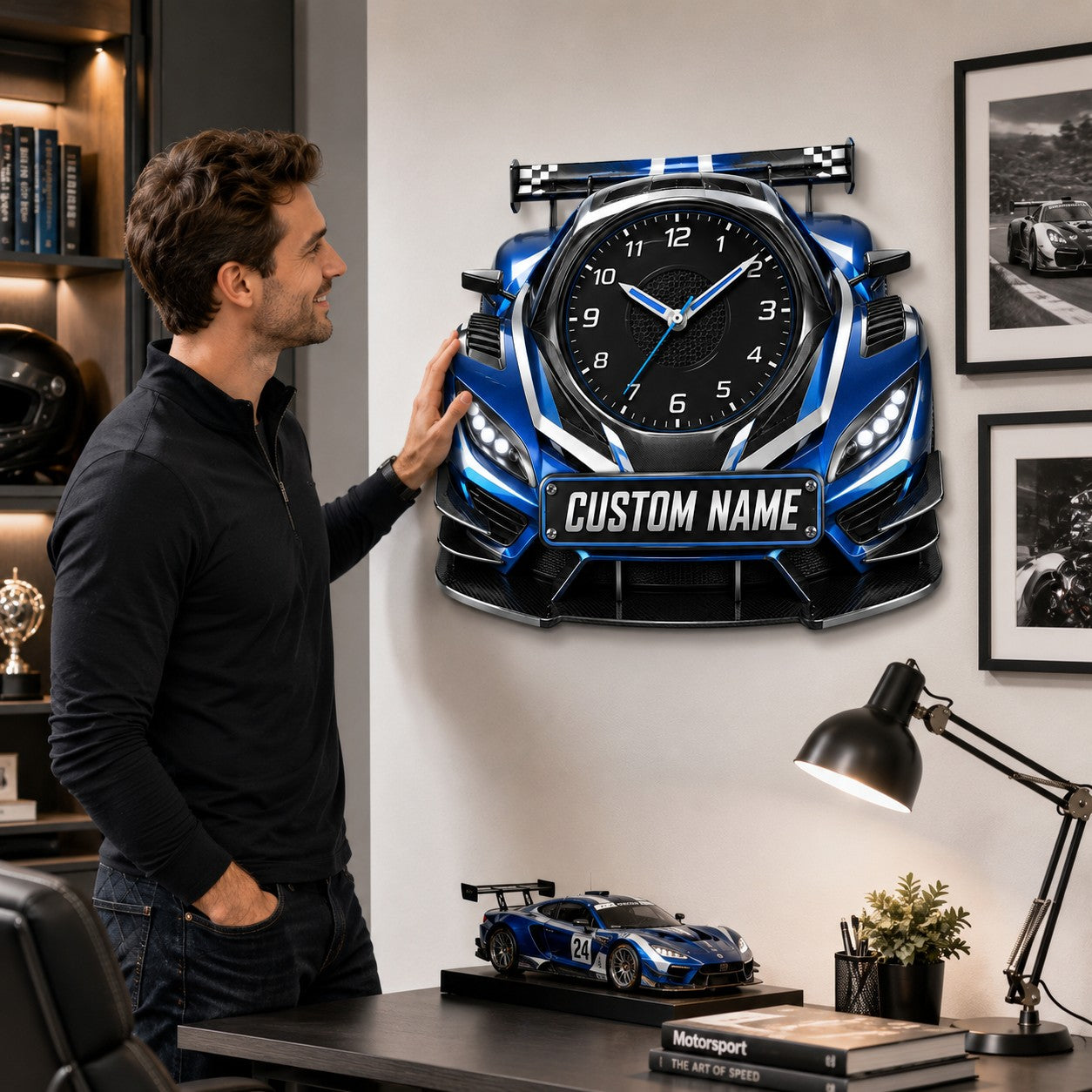 Blue race car Custom Name Wall Clock — personalized with a custom name