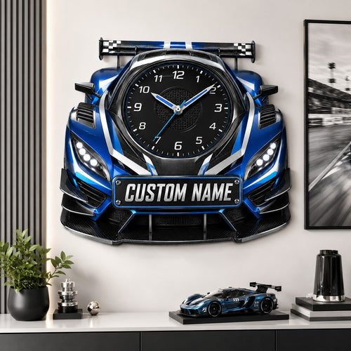 Blue race car Custom Name Wall Clock — personalized with a custom name