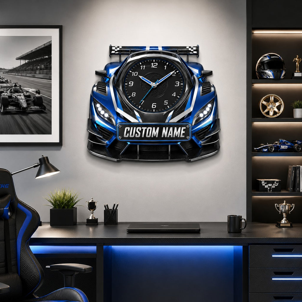 Blue race car Custom Name Wall Clock — personalized with a custom name