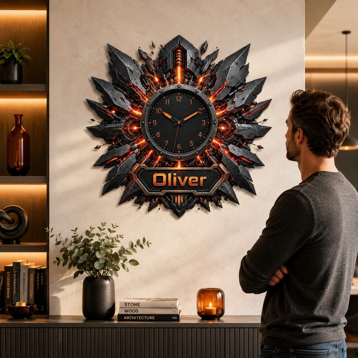 Fiery industrial Custom Name Wall Clock — personalized with a custom name