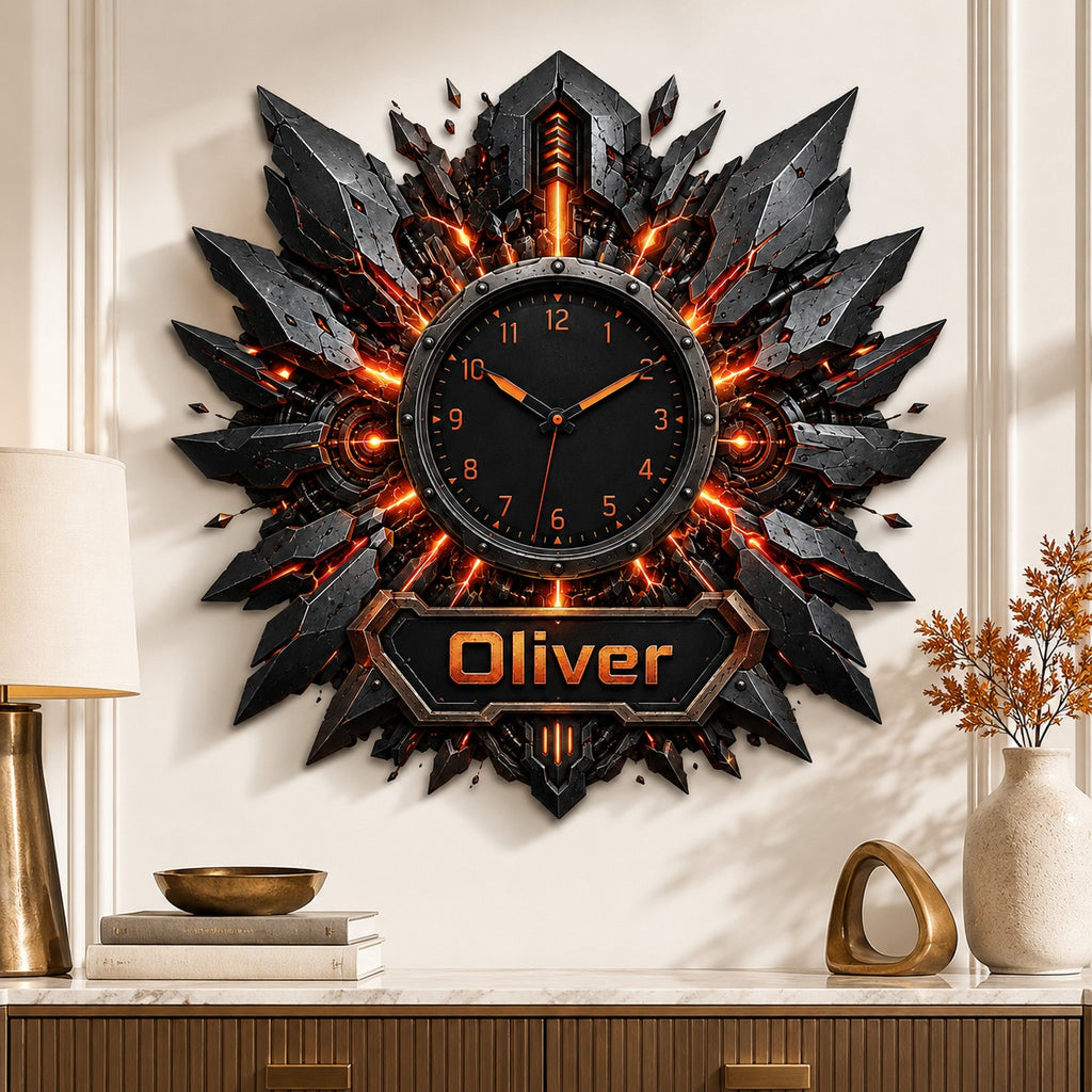 Fiery industrial Custom Name Wall Clock — personalized with a custom name