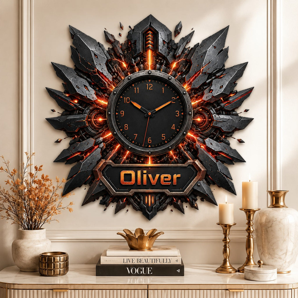 Fiery industrial Custom Name Wall Clock — personalized with a custom name