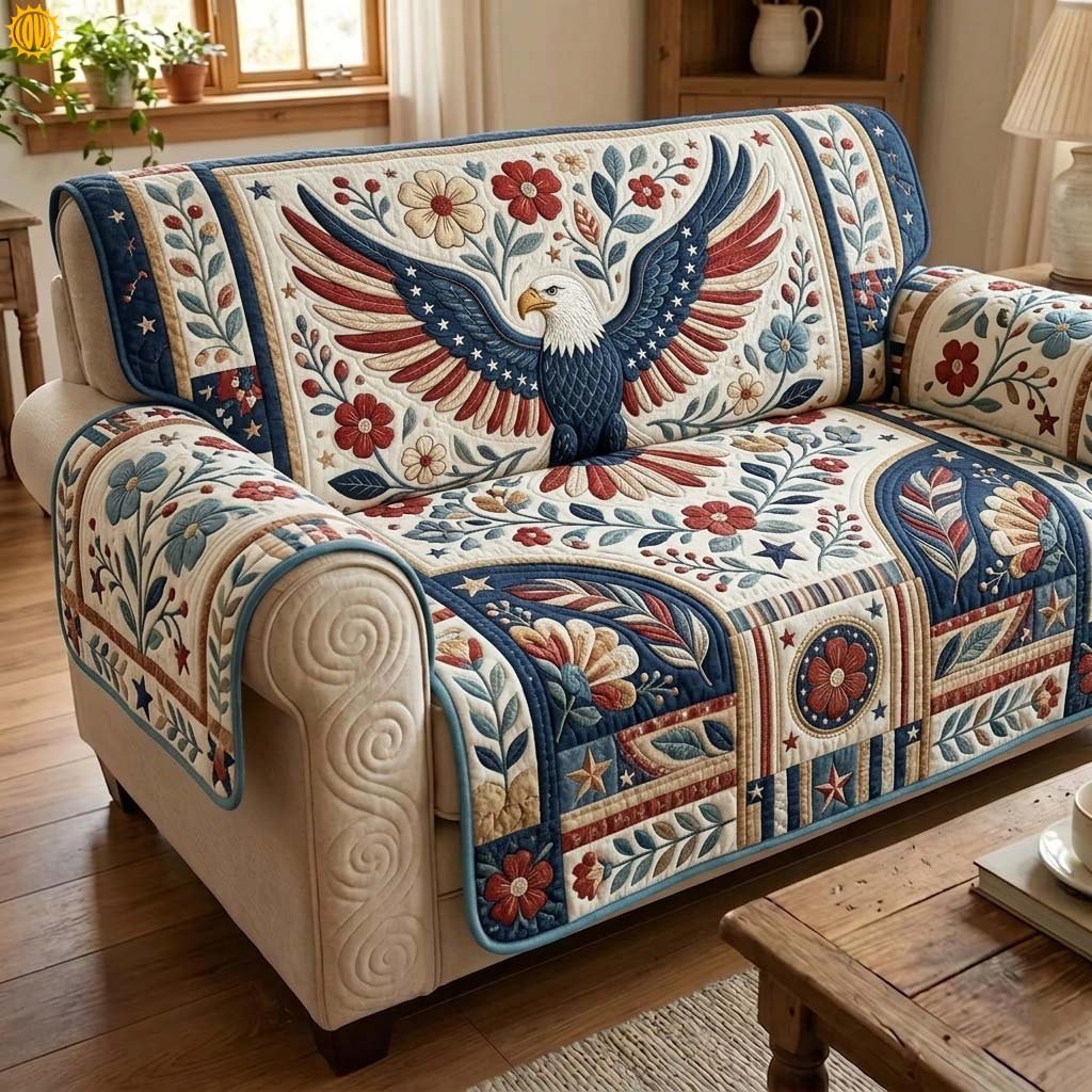 Folk Art Eagle with Patriotic Blooms Sofa Cover