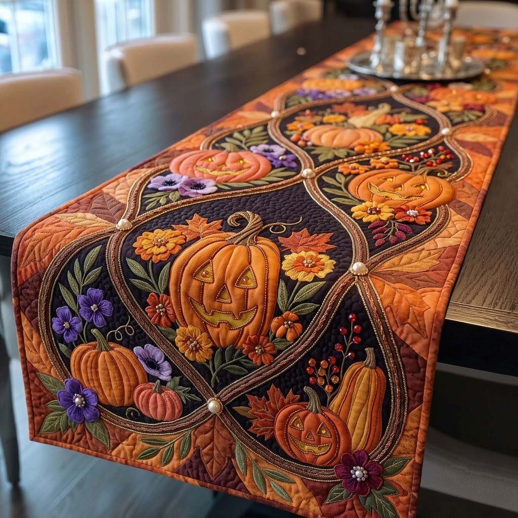 Gilded Pumpkin Vine Tapestry Table Runner
