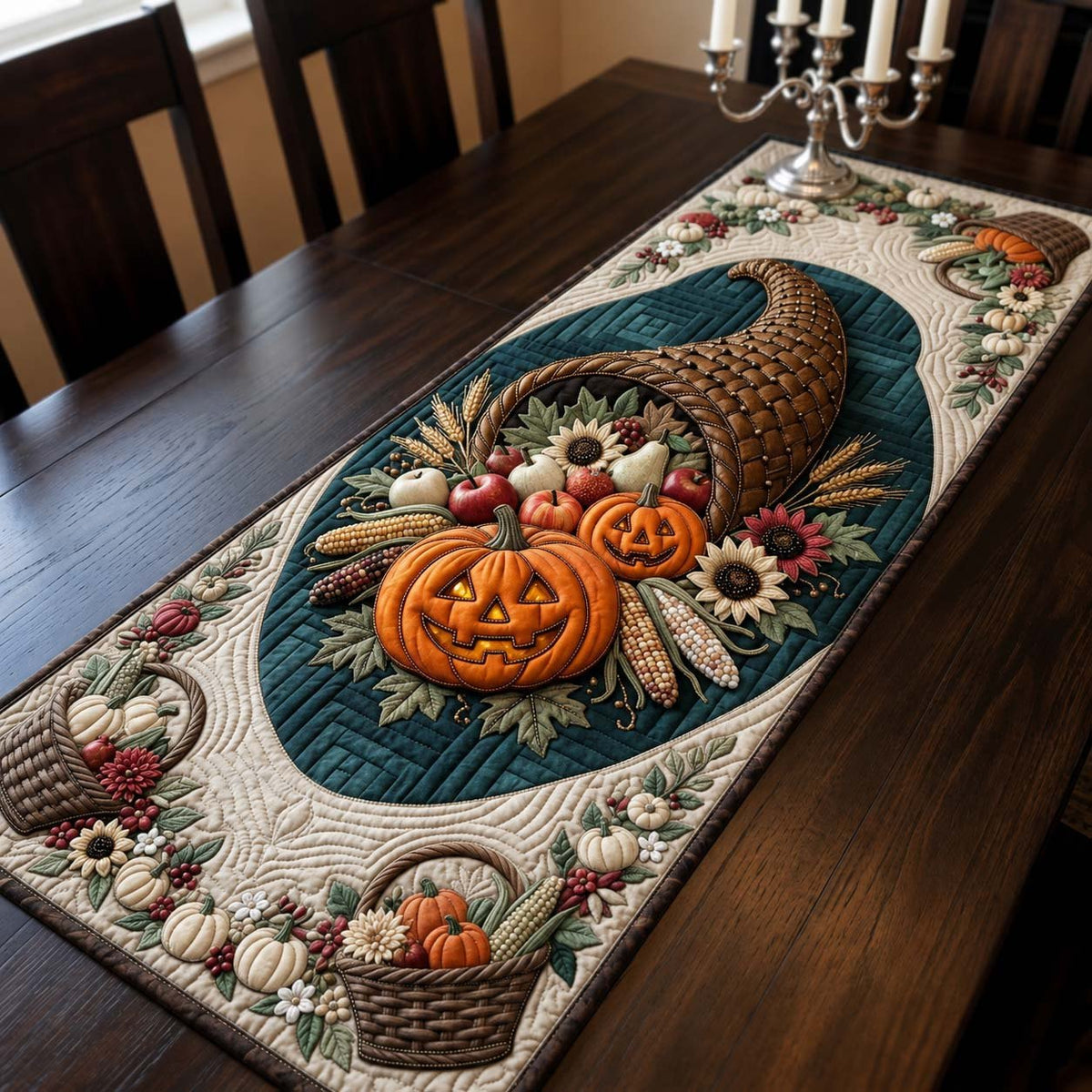 Pearl Harvest Pumpkin Cornucopia Table Runner
