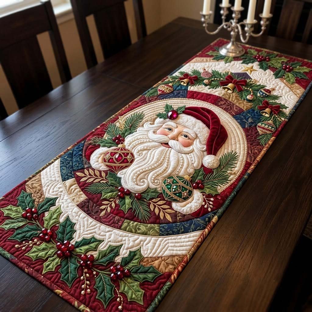 Jeweled Santa Portrait Table Runner