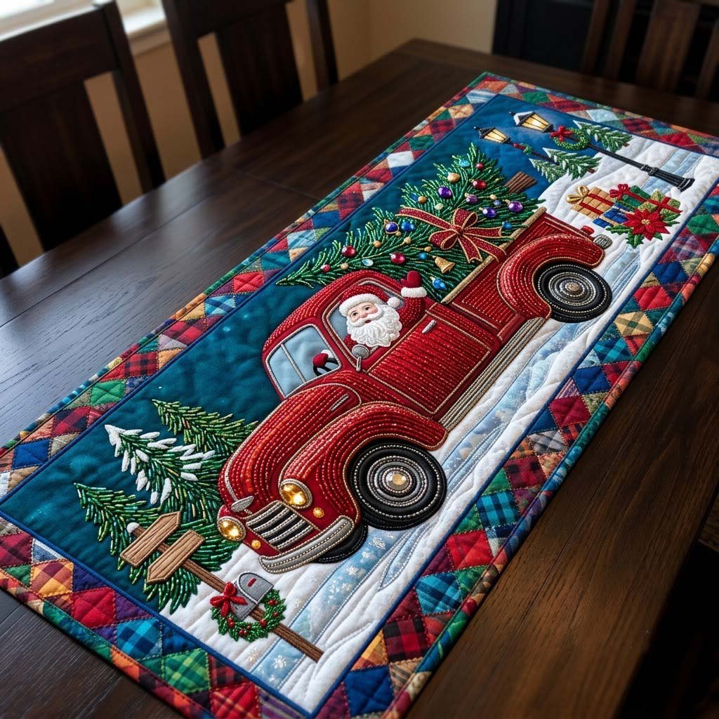 Santa Red Truck Journey Table Runner