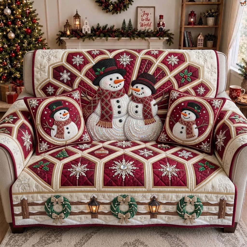 Cranberry Cathedral Snowmen Sofa Cover