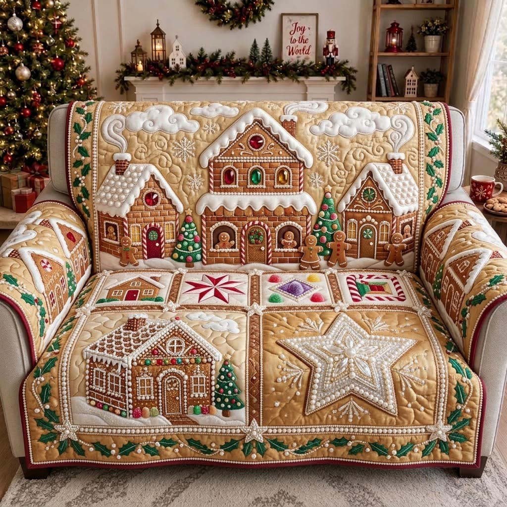 Golden Gingerbread Candy Village Sofa Cover