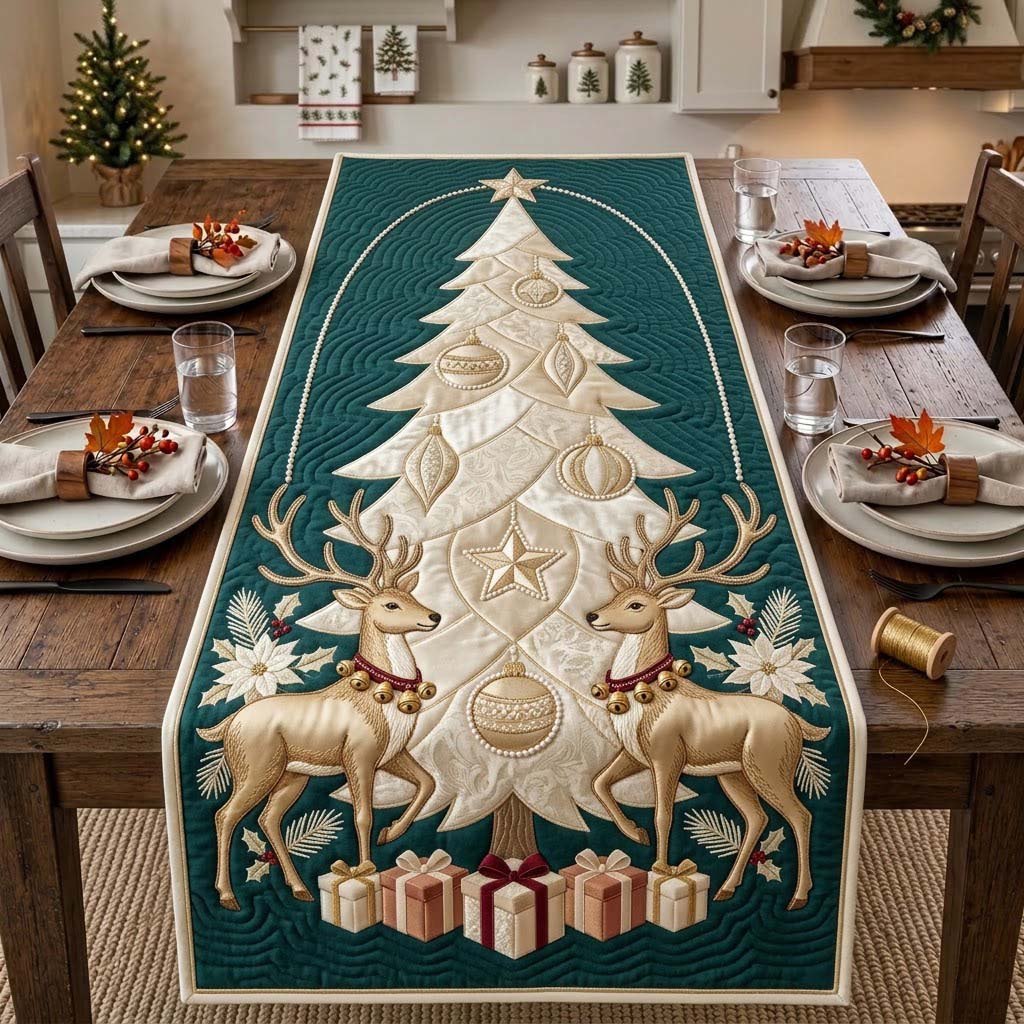 Ivory Reindeer Christmas Tree Table Runner
