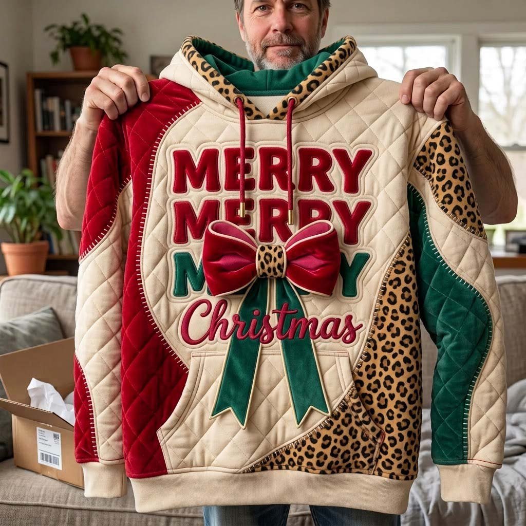 Merry Bow Leopard Christmas hoodie, all-over print