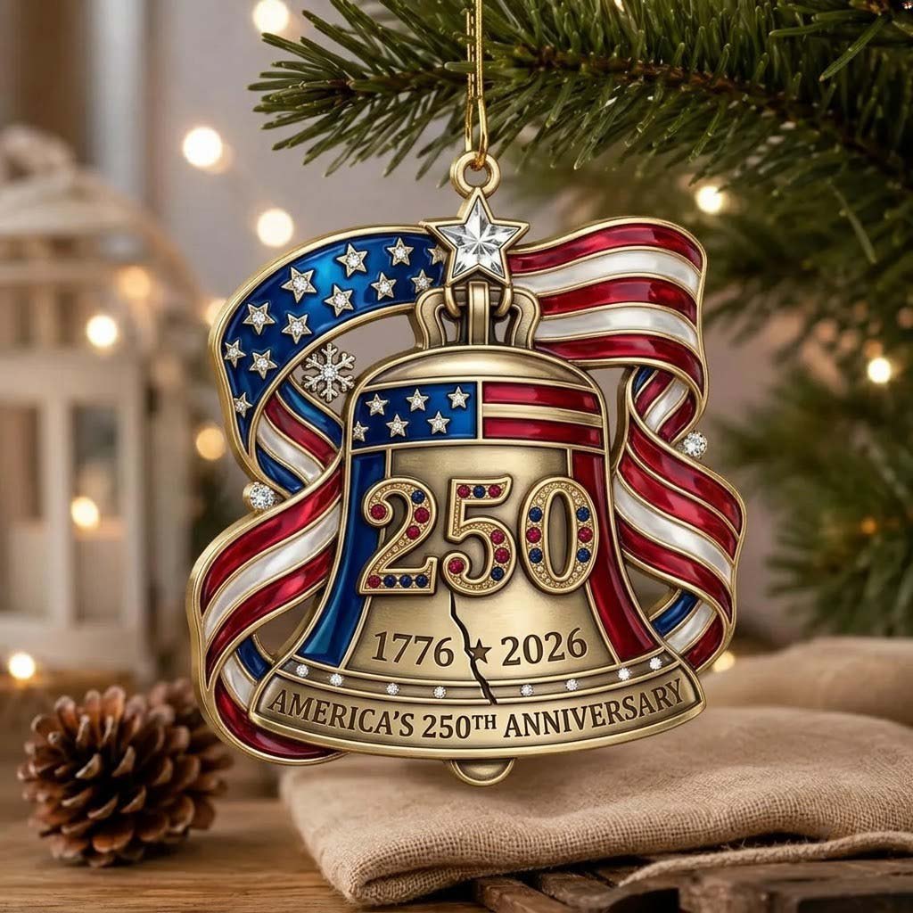 Liberty Bell 250 Flag Ribbon Christmas Ornament