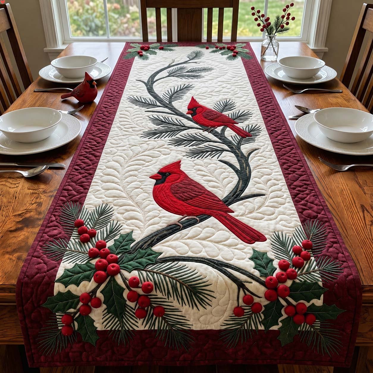 Cardinal on Winter Berry Arch Table Runner