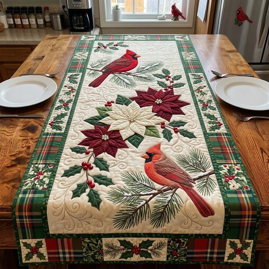 Twin Cardinal Christmas Garden Table Runner