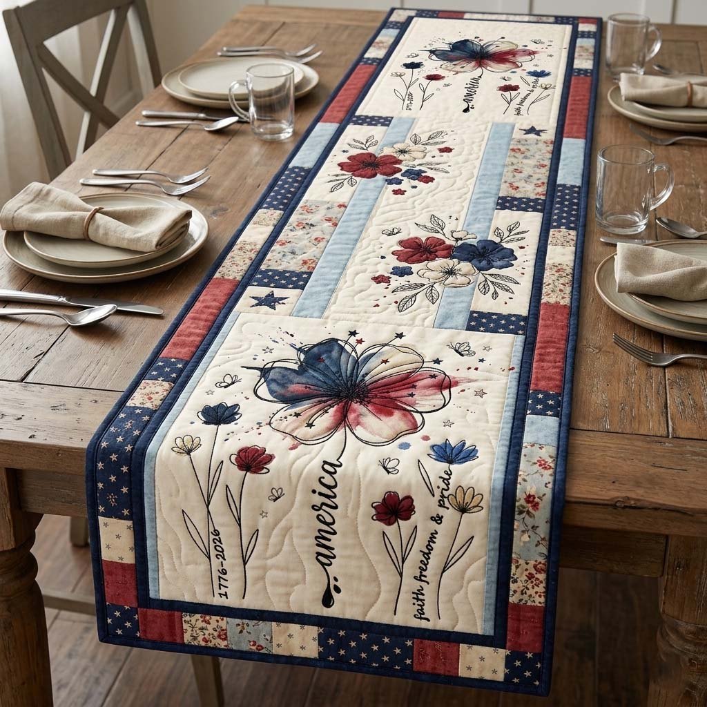 Pale Blue Blooms with America Script Table Runner