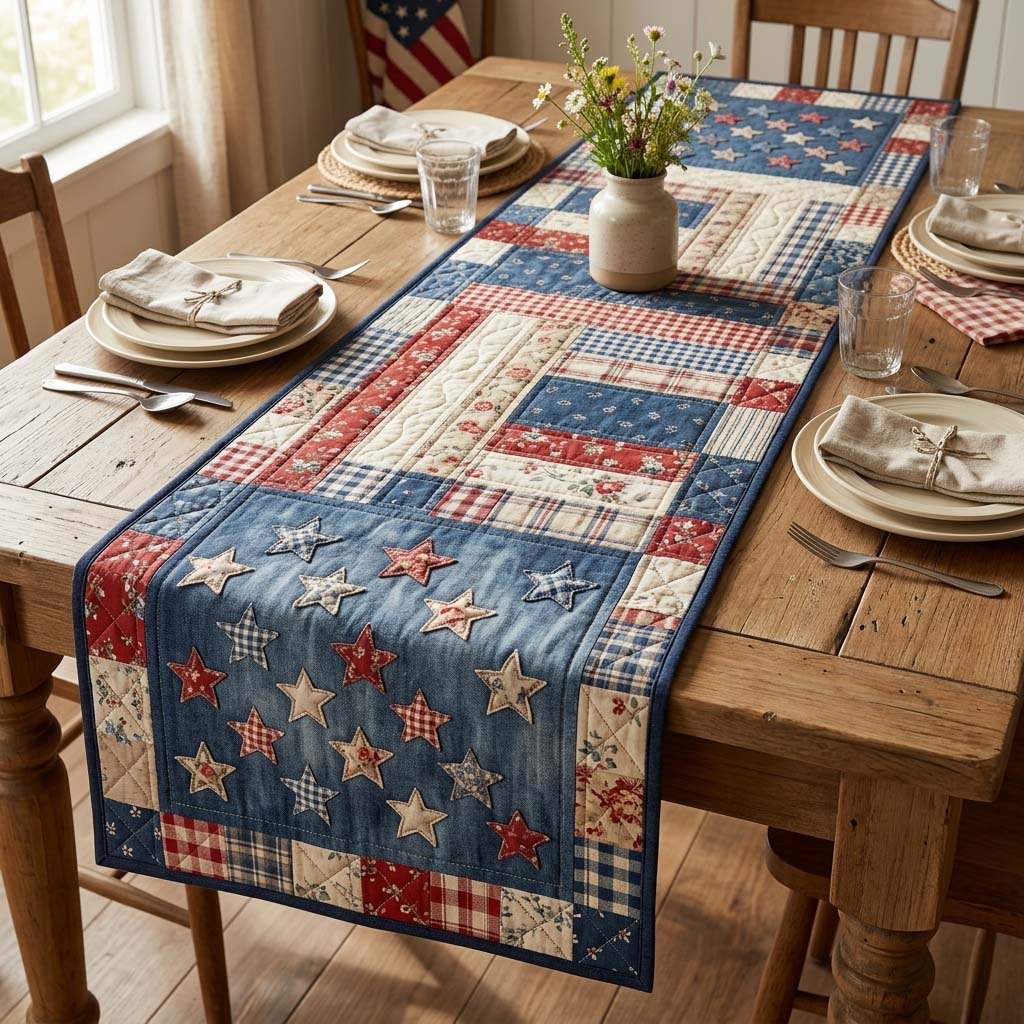 Blue Patchwork with Scattered Stars Table Runner