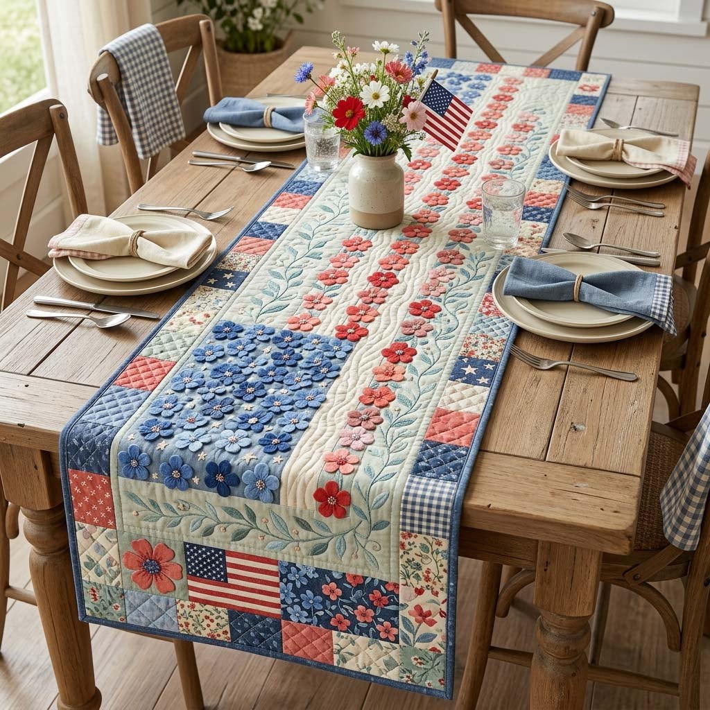 Blue Floral Patchwork with a Flag Table Runner
