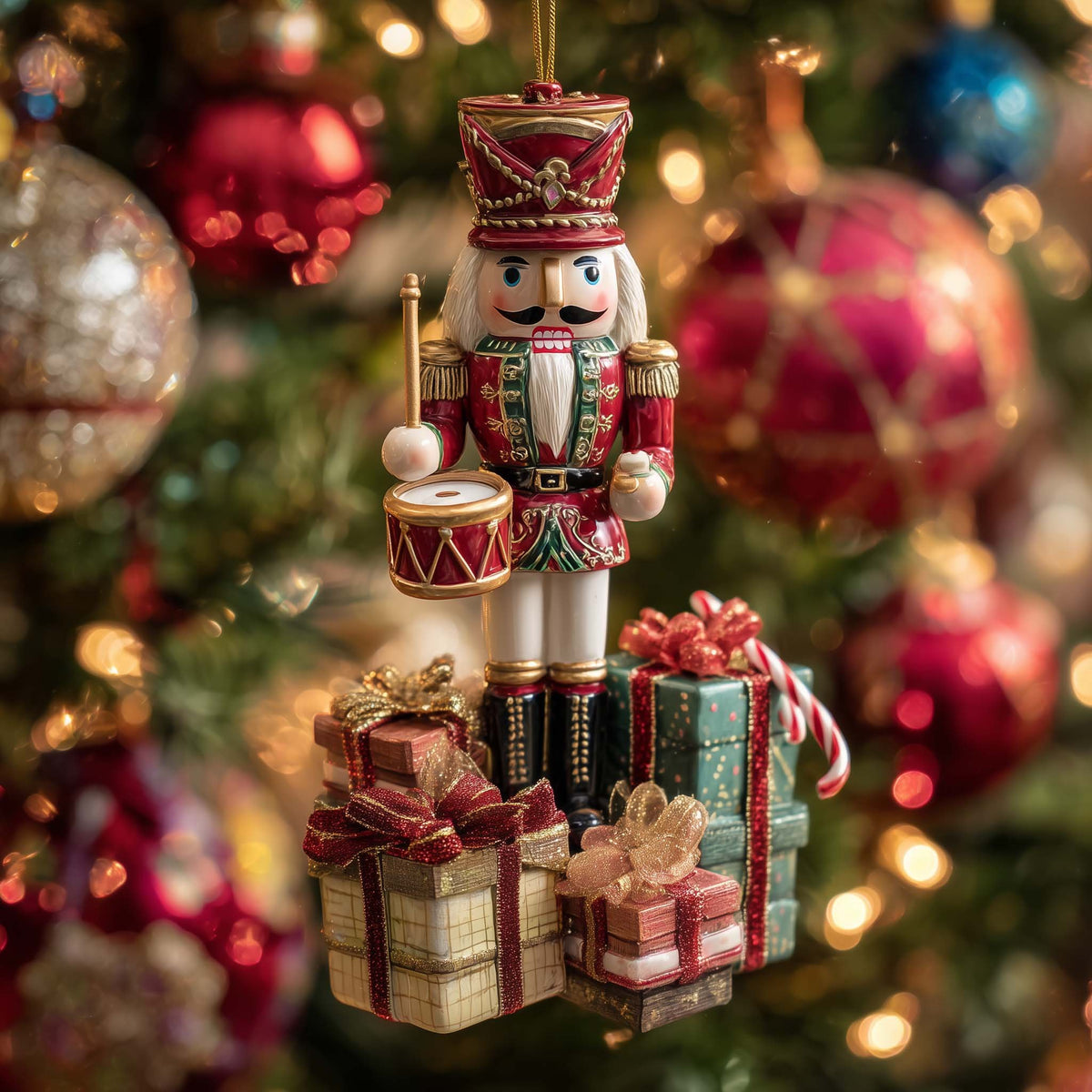 Nutcracker Drum and Presents Christmas Ornament