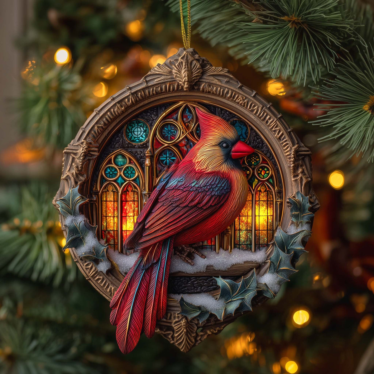 Cardinal at the Stained Glass Window Christmas Ornament